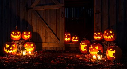 Illuminated Carved Pumpkins Display Near Wooden Barn Door at Night