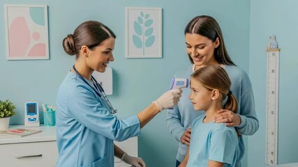 Woman doctor measuring little girl s temperature with non contact thermometer during medical check up in clinic, footage.