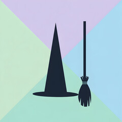 Hat and Broom Silhouette on Pastel Background
