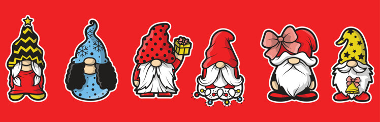 Christmas gnomes stickers vector set