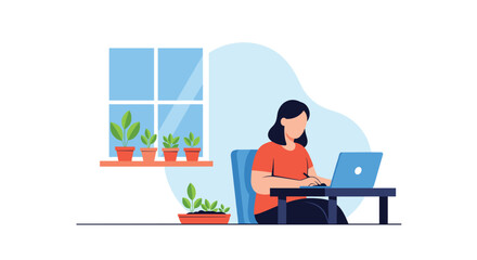 Young woman working on laptop computer at desk with potted plants on windowsill and floor
