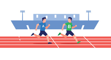 Two athletes running a race on a track with stadium in background illustration