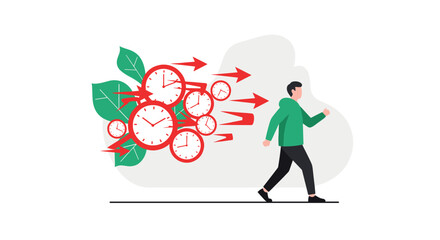 Man Walking Through Time Flow Arrows and Clocks Illustrating Productivity Concept