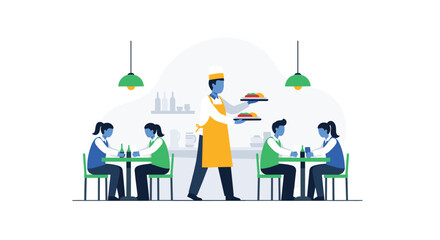 A waiter serves food to customers in a restaurant