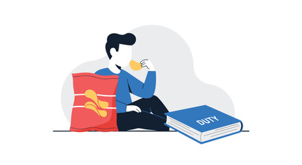 Student Procrastinating While Studying Eating Snacks Next to a Textbook