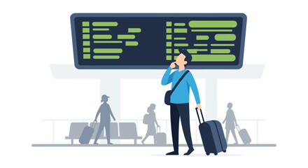 Traveler anxiously checks departure board information for flight delays or cancellations while on the phone