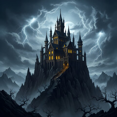 Castle on Mountain with Lightning Storm and Dark Moody Sky