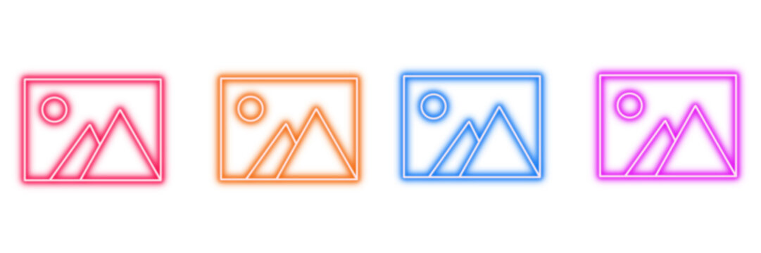 Neon glowing image vector icons set, picture, gallery, photo, media, vibrant colorful digital design illustration on transparent background.