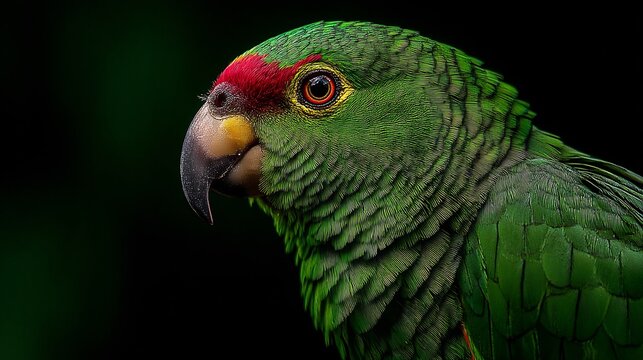 Close-Up Portrait of a Vibrant Green Parrot with Red Forehead, Showcasing Detailed Feather Texture against a Dark Backdrop