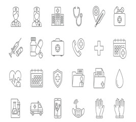 Collection of medical icons isolated on white background showcasing healthcare professionals, equipment, and services in a simple black and white outline style