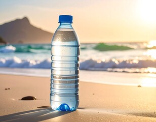 A plastic bottle filled with water sits on a sandy beach near the ocean