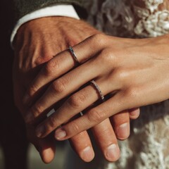 Closeup of romantic couple holding hands wearing elegant wedding rings golden sunlight intimate moment newlywed love marriage commitment together forever unity