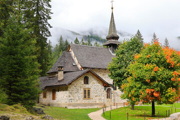 South Tyrol, Italy-The chapel at Lake Braies is a historic building from the early 20th century, consecrated in 1904