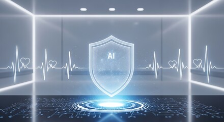 Futuristic digital shield with heart rate monitor pulse protecting valuable data in glowing technological environment