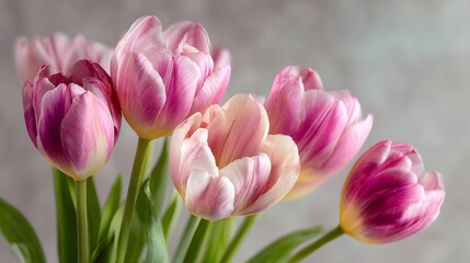 Naklejka premium Cluster of variegated pink and white tulip blossoms display rich color variation against a soft background