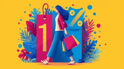 Colorful shopping scene of a woman carrying bags in a vibrant, abstract setting