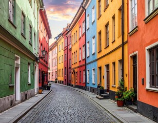 Colorful Buildings on Cobblestone Street at Sunset