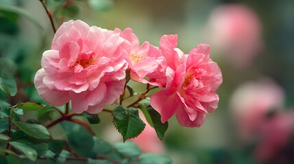 Obraz premium Three delicate pink flowers bloom prominently on a leafy stem against a soft background