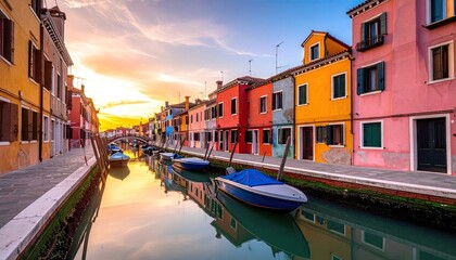 Colorful Burano Island Canal View with Vibrant Buildings Reflecting in Water at Sunset, Vivid Sky and Traditional Architecture in Europe © Menyat