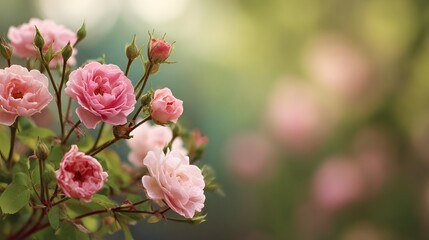 Obraz premium Clusters of delicate pale pink roses bloom vibrantly against a soft, diffused natural background