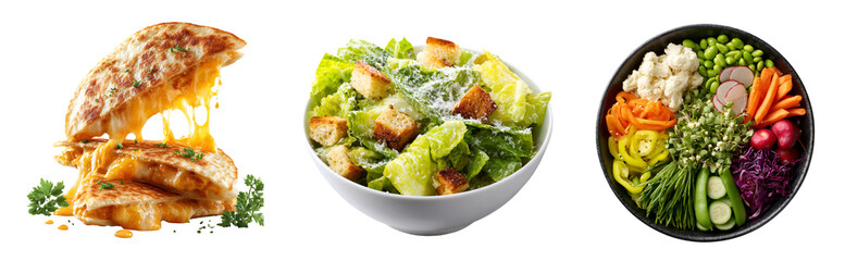 A culinary trio featuring a cheesy quesadilla, caesar salad, and vibrant vegetable bowl arrangement