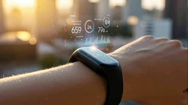 Man wearing a fitness tracker on his wrist displaying holographic health data in an urban sunset setting footage.