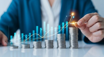 A businesswoman in a blue jacket stacking coins into ascending piles, with a glowing blue bar chart and a rising arrow overlaying the coins, representing investment, savings, and financial growth