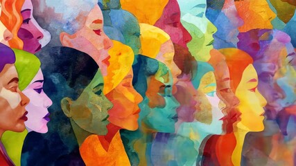 A vibrant collage of translucent, multicolor faces layered in a seamless, kaleidoscopic crowd vivid - Powered by Adobe