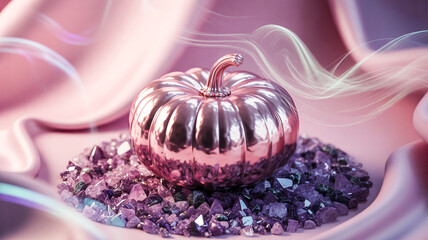  A shiny pink pumpkin glowing in soft mist with sparkles and metallic texture, pastel Halloween background