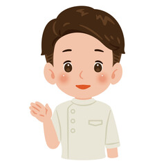 白色のケーシーを着た案内する男性　上半身イラスト／Man wearing a white medical tunic guiding　upper body illustration