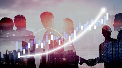 A dynamic business team is shown silhouetted against a city skyline at sunset, with a growing graph symbolizing success and collaboration in modern corporate environments. Copula