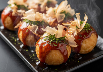 湯気立つ熱々たこ焼き：香ばしいソースと踊る鰹節が食欲をそそる日本のソウルフード