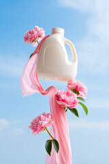 White jug is suspended in the air with pink flowers and a pink ribbon