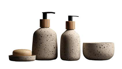 Beige speckled bottles & bowl, wooden pump