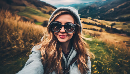 Woman wearing sunglasses and a hat is taking a selfie