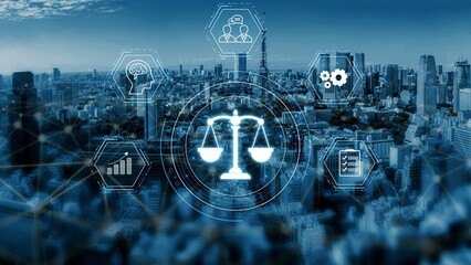Futuristic digital law interface displaying justice scale, highlighting digital law, AI compliance,...