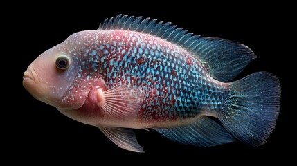 Detailed Studio Shot of a Colorful Fish against a Black Background, Revealing Texture, Scales and Delicate Fins