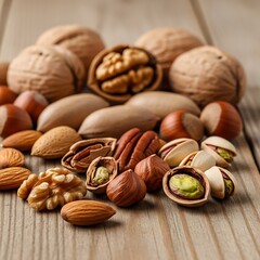 Assorted Nuts - Walnuts, Pecans, Hazelnuts, Almonds, Pistachios on Wooden Surface.