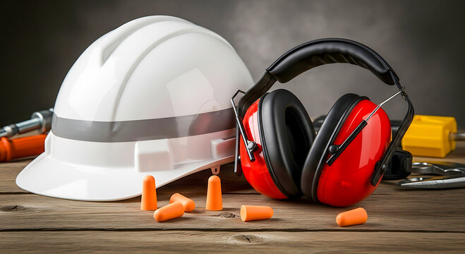 White hard hat red ear defenders and earplugs on wood