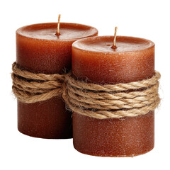 Two rustic, brown pillar candles wrapped with twine