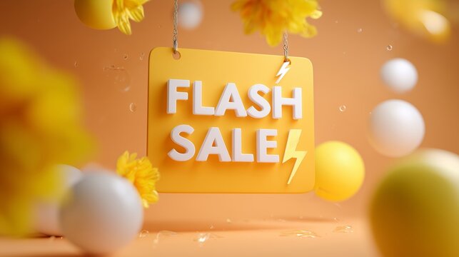 Bright yellow sign announcing a flash sale with colorful decorations in a joyful setting