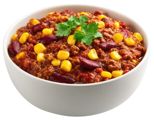 Hearty chili stew in white bowl, topped with fresh herbs
