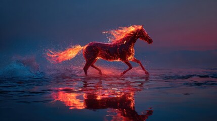 Fiery horse running across shallow water at sunset surrounded by sparks and reflection symbolizing freedom energy and passion perfect for fantasy art and posters