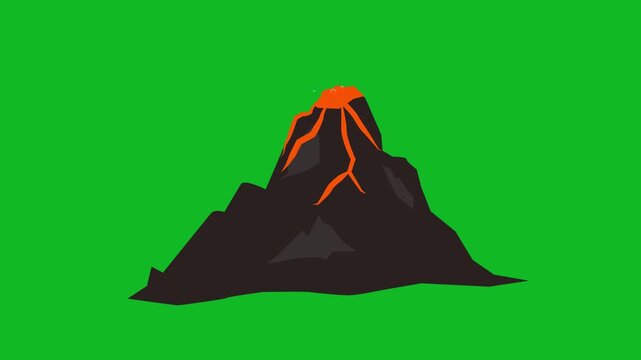 Animation process of cartoon volcano erupting isolated green background
