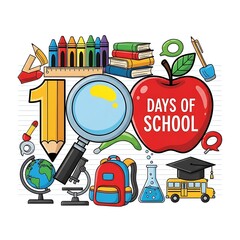 100 Days of School Celebration with Educational Icons.