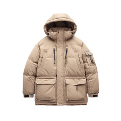Beige puffer jacket, hooded, multiple pockets