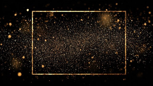 Banner with shiny golden text inside a glitter frame on a dark background, featuring confetti and promotional messaging