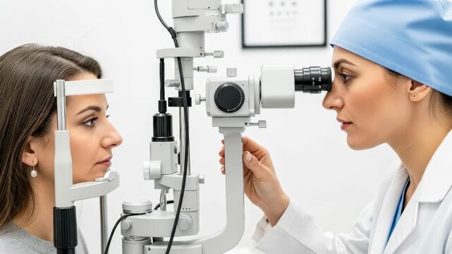 Female patient undergoing comprehensive computerized eye examination by a woman ophthalmologist for vision diagnosis footage.