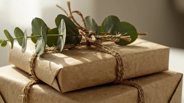Eco friendly reusable zero waste christmas gift wrapping with kraft paper twine and greenery for sustainable gifting