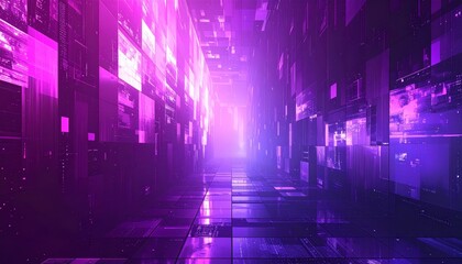 Abstract purple background with futuristic wave pattern, bright digital lights, and tech design